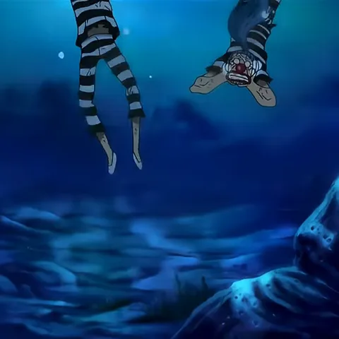 Анимация из One Piece: Багги и его помощник в тюремной одежде падают в воду, затем показывается их испуганное лицо крупным планом.