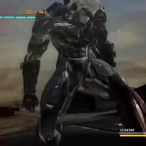 Анимация киборга Рейдена из игры Metal Gear Rising: Revengeance, который делает выпад с мечом.