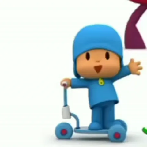 Анимация персонажа Pocoyo, который едет на самокате и машет рукой.