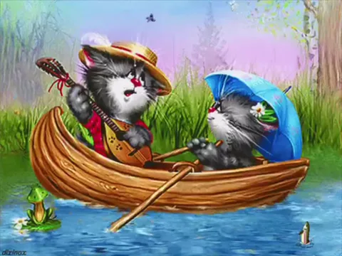 Анимация двух котов в лодке: один играет на гитаре, второй сидит под синим зонтиком, рядом выпрыгивает рыба и квакает лягушка.