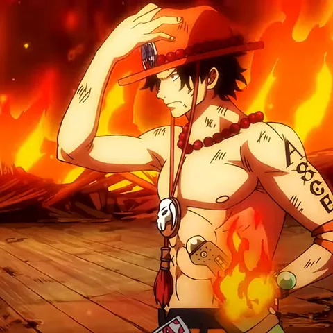 Анимация персонажа Эса из аниме One Piece: он снимает шляпу и роняет её, стоя среди огня.