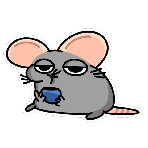 Анимированная серая крыса с большими розовыми ушами медленно пьёт из синей чашки, прикрыв глаза от удовольствия или усталости.