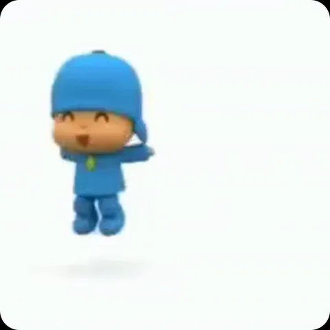 3D-мультяшный персонаж Pocoyo в синей одежде кружится на белом фоне, вокруг летают искры.