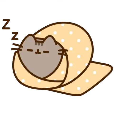 Серый кот Пушин спит, укрытый жёлтым одеялом в белый горошек, рядом надпись «Zzz».