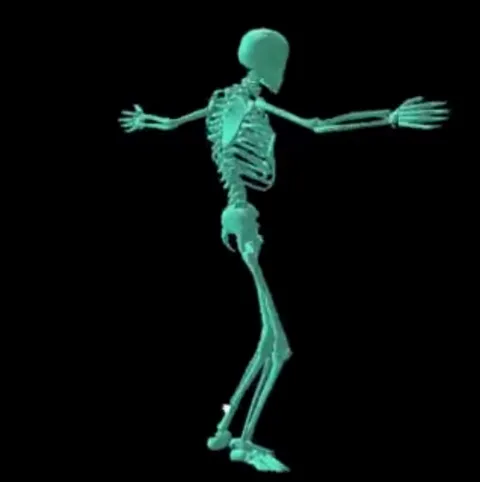 3D модель скелета танцует, двигая конечностями.