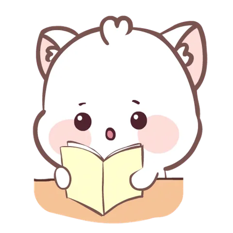 Анимированный стикер с белым котёнком, который читает жёлтую книгу на прозрачном фоне.