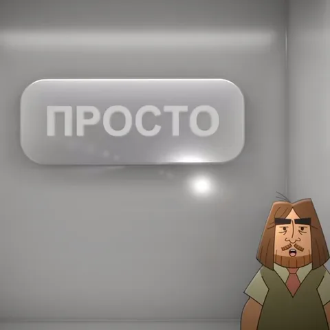 Мультяшный мужчина с бородой в жилете стоит под светящейся надписью «ПРОСТО» на сером фоне.