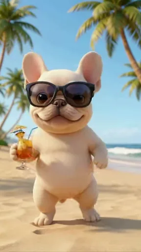 3D-персонаж французского бульдога в очках и с напитком двигается на фоне пальм и океана.