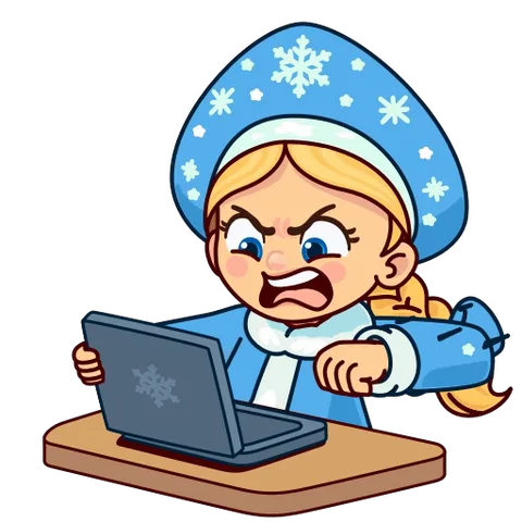 Девушка в шапке Снегурочки с синими снежинками работает за ноутбуком: от улыбки до крика и удара кулаком по столу, затем снова спокойствие.