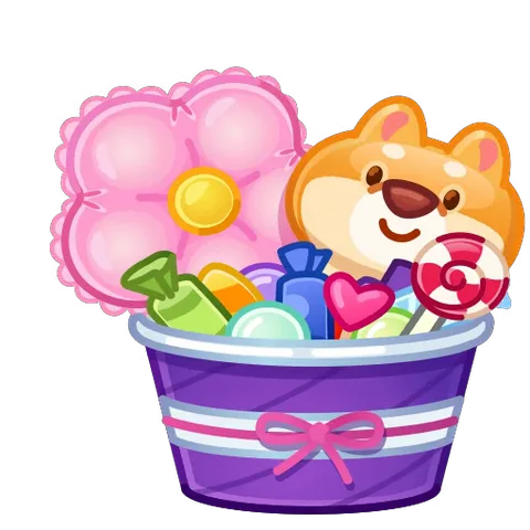 Рыжий мультяшный пёс сидит в корзине с конфетами и леденцами, вокруг летают сердечки.
