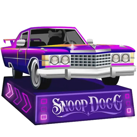 Фиолетовый автомобиль в стиле лоу-райдера на постаменте с подписью Snoop Dogg.