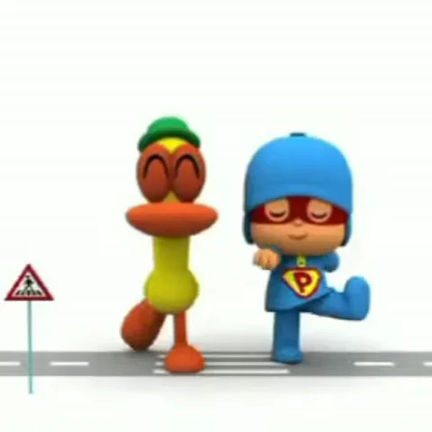 Анимация с персонажами Pocoyo и Pato, которые синхронно танцуют на дороге.
