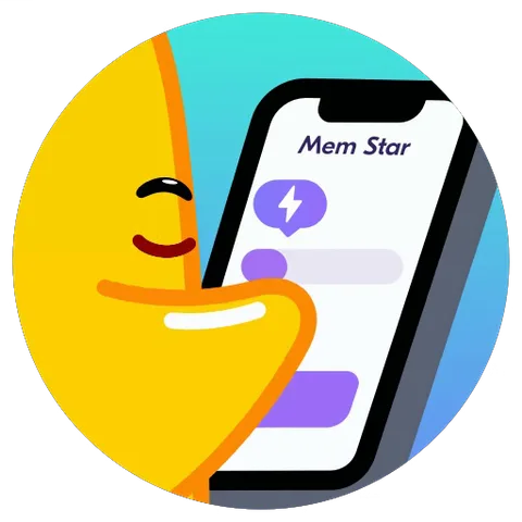 Анимированная жёлтая звезда держит в руке телефон с приложением Mem Star и улыбается.