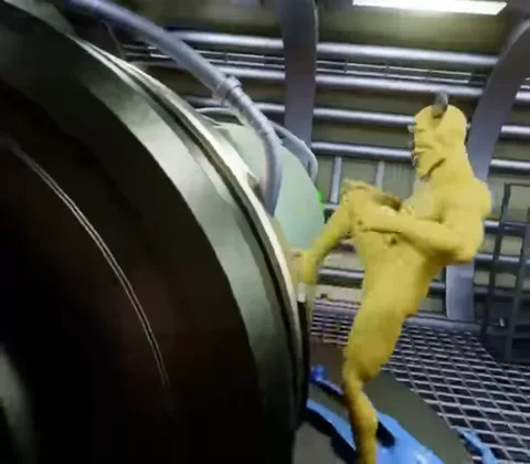 3D-анимация, где жёлтый рогатый персонаж пинает большой металлический цилиндр в техническом помещении.