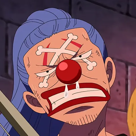 Анимация персонажа Багги из аниме One Piece, который рыдает со слезами на лице, выражая сильную досаду или гнев.