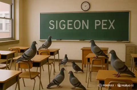 Голуби сидят на деревянных партах перед доской с надписью SIGEON PEX, после чего взлетают.