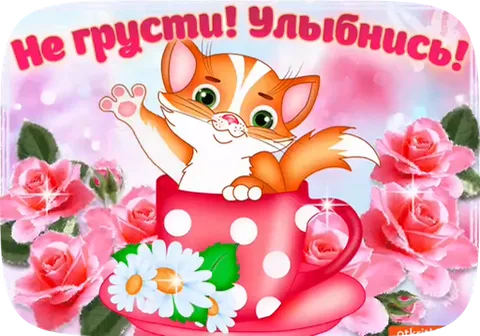 Рыжий котёнок в розовой чашке с цветами, надпись «Не грусти! Улыбнись!»