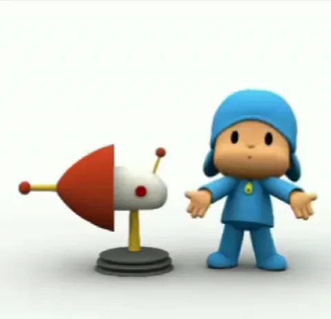 3D анимация мальчика Pocoyo, который машет руками перед маленьким роботом.
