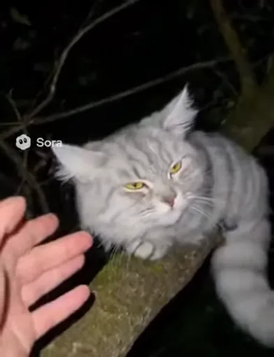 Серая пушистая кошка на ветке дерева в ночное время. Человек гладит кошку по голове, она закрывает глаза от удовольствия.