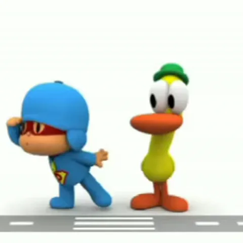 Анимация с Pocoyo в синем костюме и жёлтым утёнком Pato, которые танцуют на серой дороге.