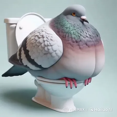 3D-голубь сидит на белом унитазе и раскрывает клюв, показывая пальцы внутри пасти, затем происходит вспышка света.