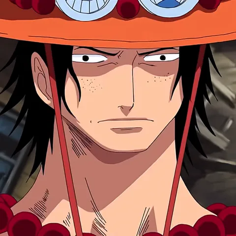 Анимация из One Piece: Портгас Ди Эс в своей фирменной шляпе смотрит прямо в камеру с серьезным выражением лица.