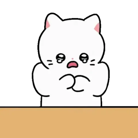 Анимация белого кота, который сначала плачет, глядя в камеру, а потом падает лицом на деревянную поверхность.