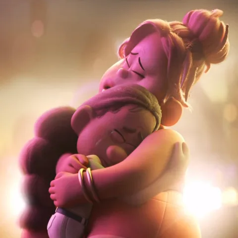 Анимация в стиле Pixar: рыжая девочка с пучком на голове нежно обнимает темноволосую подругу, обе зажмурились от эмоций.