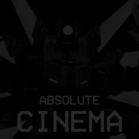 Анимация тёмного робота с одним светящимся глазом и текстом ABSOLUTE CINEMA на фоне лучей света.