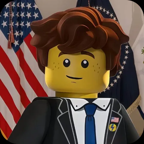 Анимированный персонаж LEGO в костюме на фоне флага США