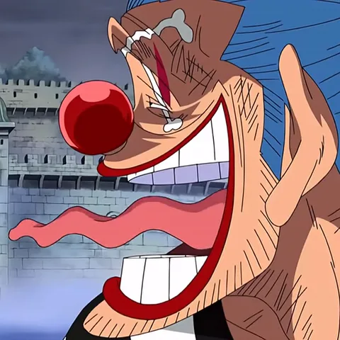 Анимация персонажа Багги из One Piece, который смеется с высунутым языком.