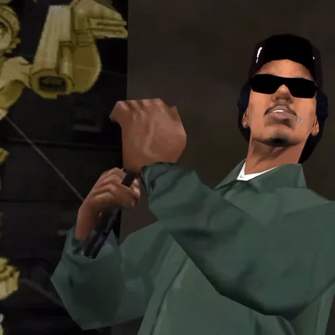 Анимация персонажа из игры GTA San Andreas: он держит пистолет, затем убирает его за спину и отходит в сторону.