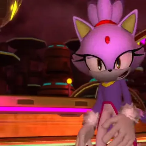 Анимация персонажа игры Sonic the Hedgehog: фиолетовая антропоморфная кошка в платье размахивает руками и двигает головой во время диалога.