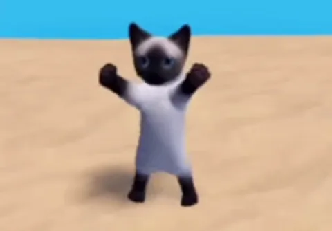 3D-модель сиамского кота, который встает на задние лапы и машет передними на фоне пляжа.