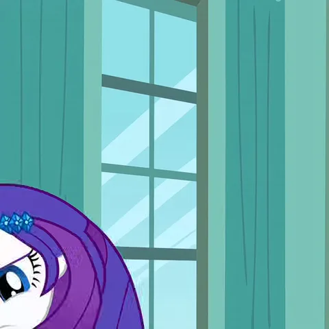 Анимация персонажа Рэрити из My Little Pony: Equestria Girls. Сначала она выглядит озадаченной и держит руку у лица, потом улыбается и указывает пальцем вверх.
