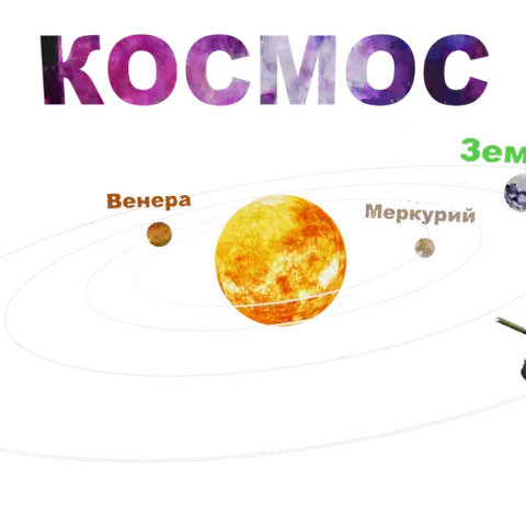 Анимация солнечной системы с танком на орбите и надписью «Космос».