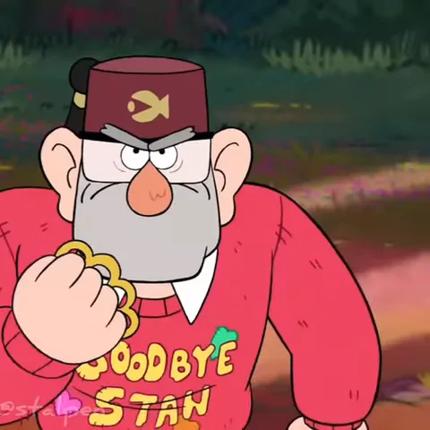 Стэн Пайнс из мультсериала Гравити Фолз в красном свитере с надписью Goodbye Stan делает характерный жест рукой.