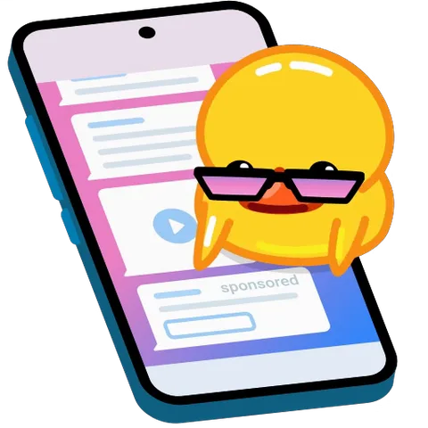 Мультяшная желтая уточка в стильных очках стоит перед экраном телефона с лентой новостей.