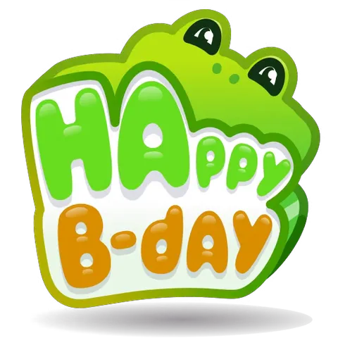 Зелёная лягушка с глазами-пуговками и надписью «Happy B-day» поздравляет с днём рождения. Буквы весело подпрыгивают.