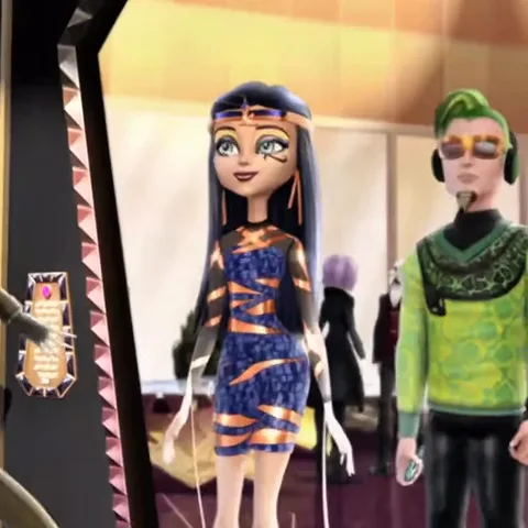 Анимация из мультфильма Monster High: Клео де Нил в синем платье разговаривает с парнем с зелёными волосами и очками.
