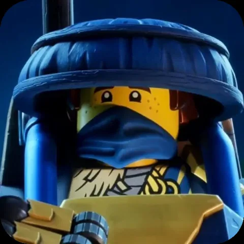 Анимация с персонажем Джеем из LEGO Ninjago: он одет в синюю одежду, широкополую шляпу и маску на нижней части лица. Он слегка покачивается из стороны в сторону на тёмно-синем фоне.
