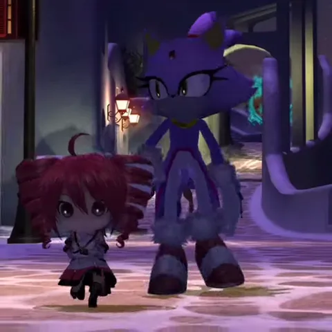 Анимация персонажей из игры Sonic: фиолетовая кошка Блейз и человек Твайлайт идут рядом в ночном городе.
