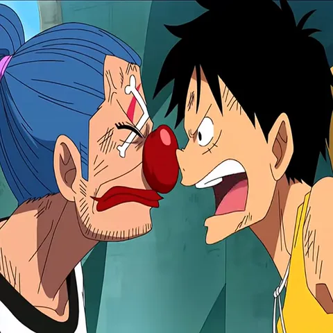 Анимация из One Piece: Багги хватает Люффи за лицо и кричит ему прямо в рот.
