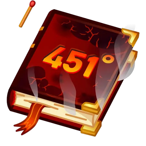 Мультяшная книга в красном переплете с надписью 451 градусов загорается от спички и пылает огнем.