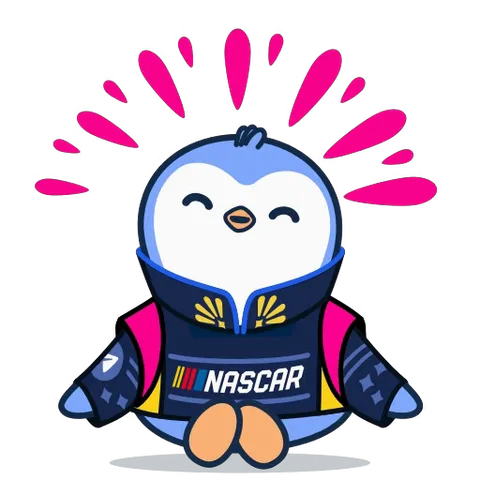 Анимированный стикер с пингвином в спортивной куртке NASCAR, который выражает радость и воодушевление.