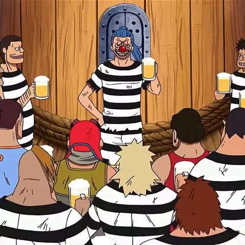 Анимация из One Piece: Багги в тюремной робе поднимает кружку пива, а толпа заключённых (включая Луффи) отвечает ему тем же жестом.