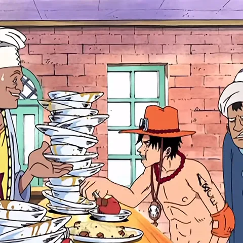 Анимация из One Piece: Эйс ест огромную порцию еды, засыпает над пустыми тарелками, а повар кричит от удивления.