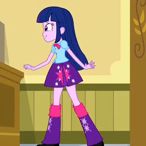 Анимация персонажа Твайлайт Спаркл из My Little Pony: Equestria Girls, которая идёт и смущённо улыбается.