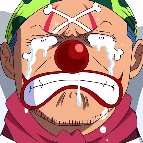 Анимация с лицом персонажа Багги из аниме One Piece, который плачет и кричит на фоне символа MARINE.