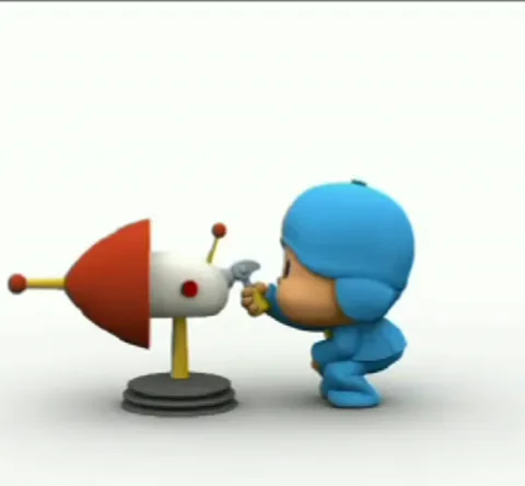 Анимация персонажа Pocoyo, который крутит ручку механизма.